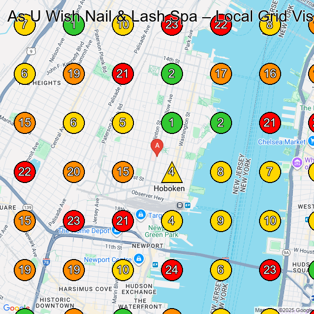 As U Wish Nail & Lash Spa Nail Salon GeoGrid ranking map for Hoboken NJ